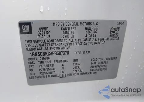 2015 Chevrolet Tahoe Lt from USA, damaged, VIN 1GNSCBKC4FR507370